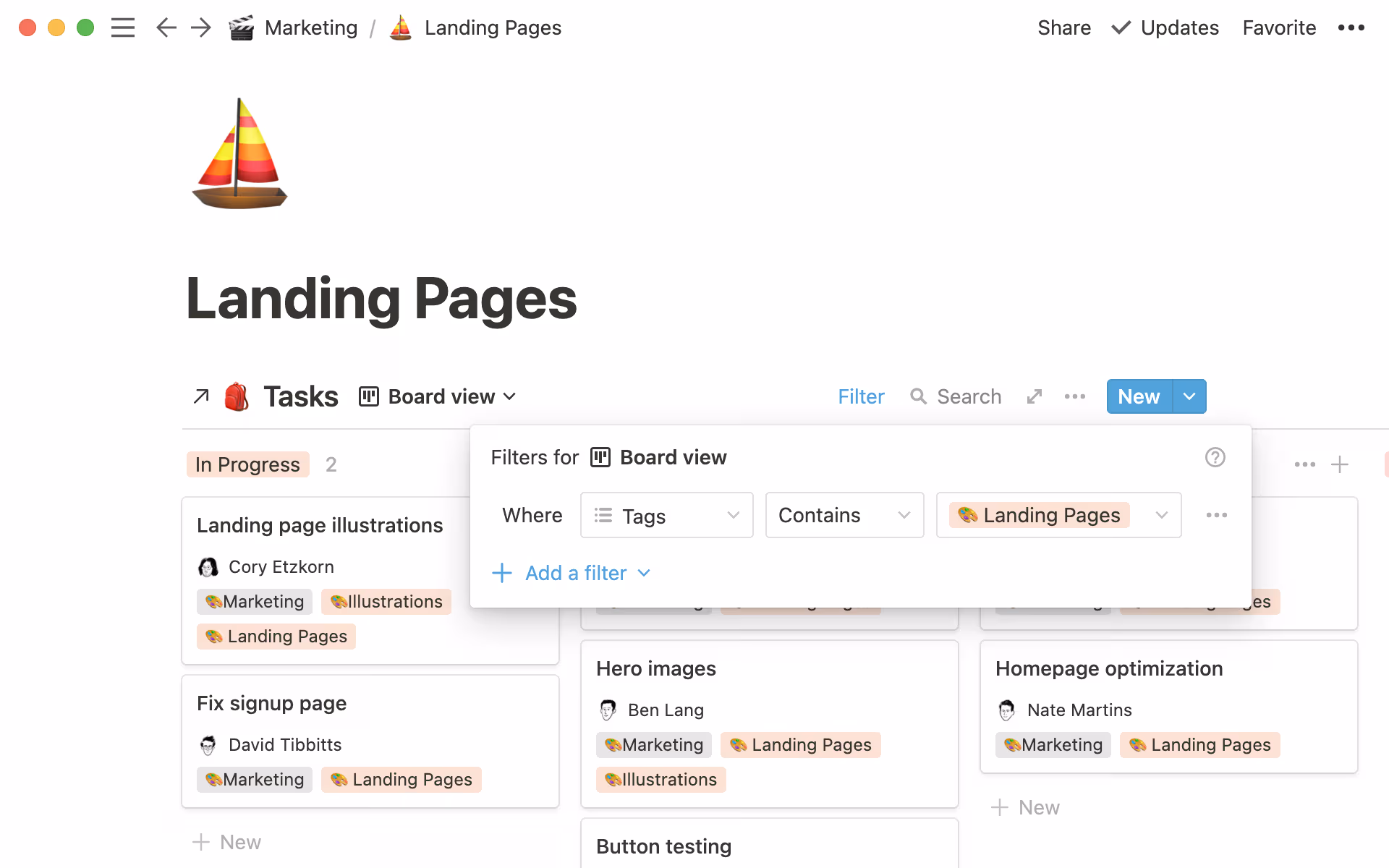 Marketing will link a view of the tasks database with projects specific to their team.