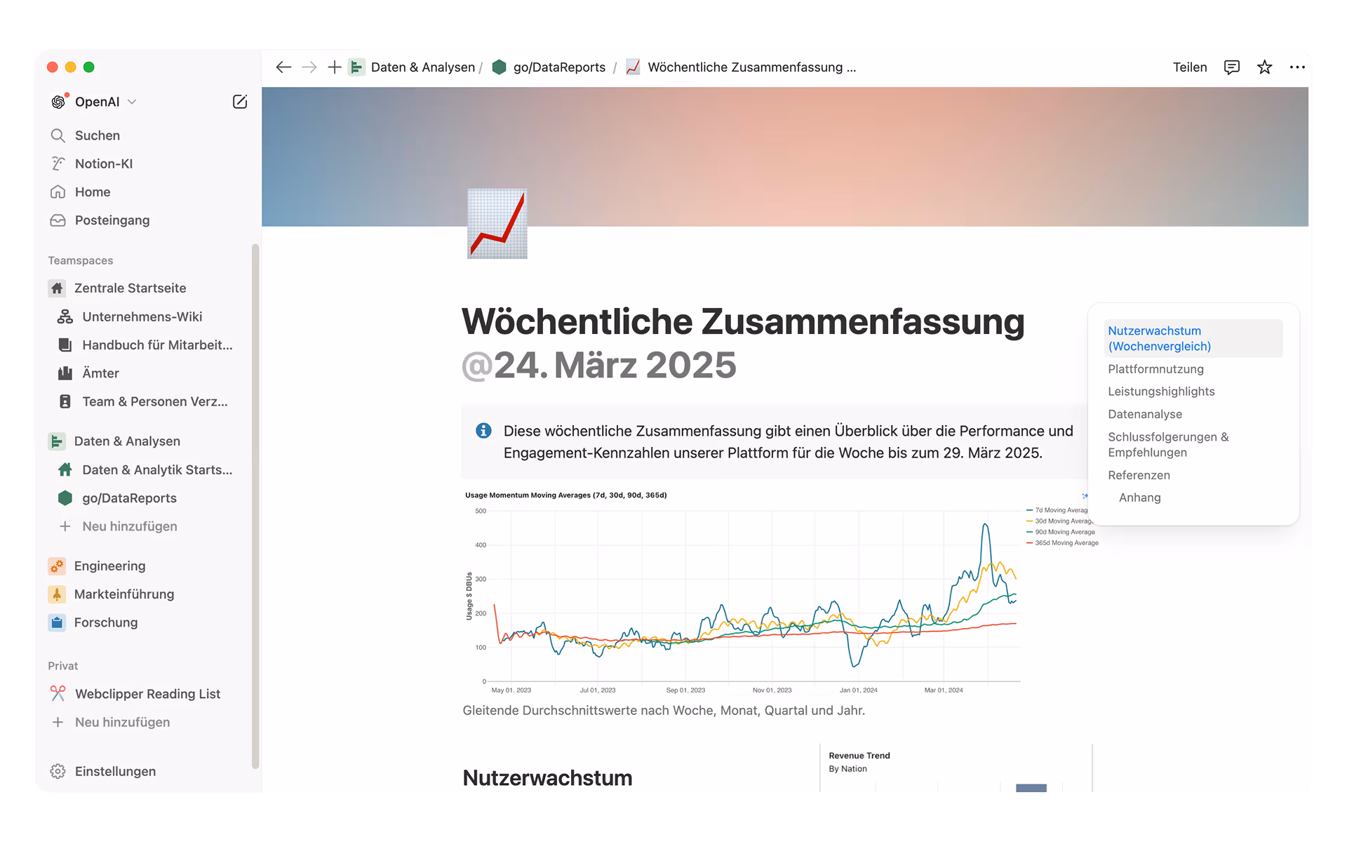 Das Data-Science-Team von OpenAI sparte Stunden manueller Arbeit, indem es das Berichtswesen in Notion automatisierte und wichtige operative Daten samt Dashboards in einem durchsuchbaren Hub mit Einblicken in Echtzeit für Entscheider zusammenfasste.