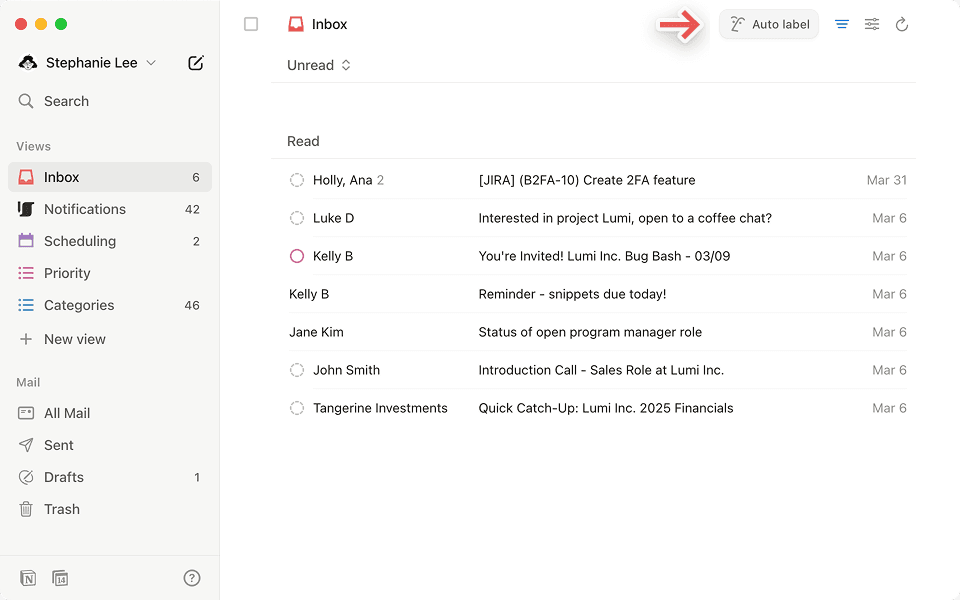 Access Auto label in the top right corner of Notion Mail.