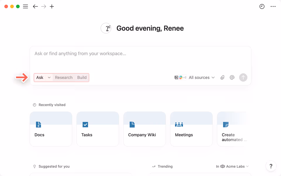 Depending on your needs, you can ask Notion AI to find answers, research topics and generate reports, or build a database for you.