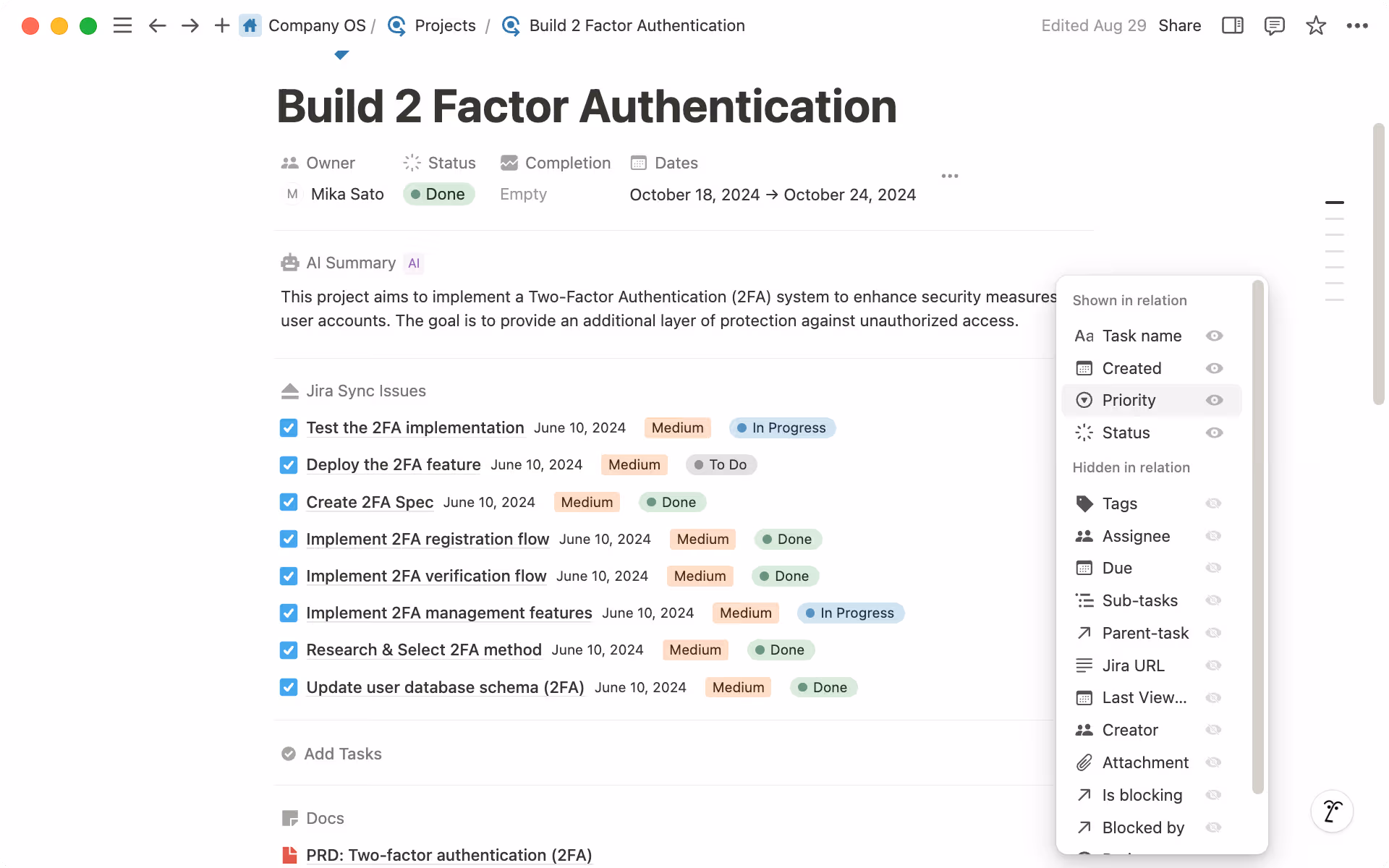 Click the three dot icon near "Jira sync Issues" to customize your property display