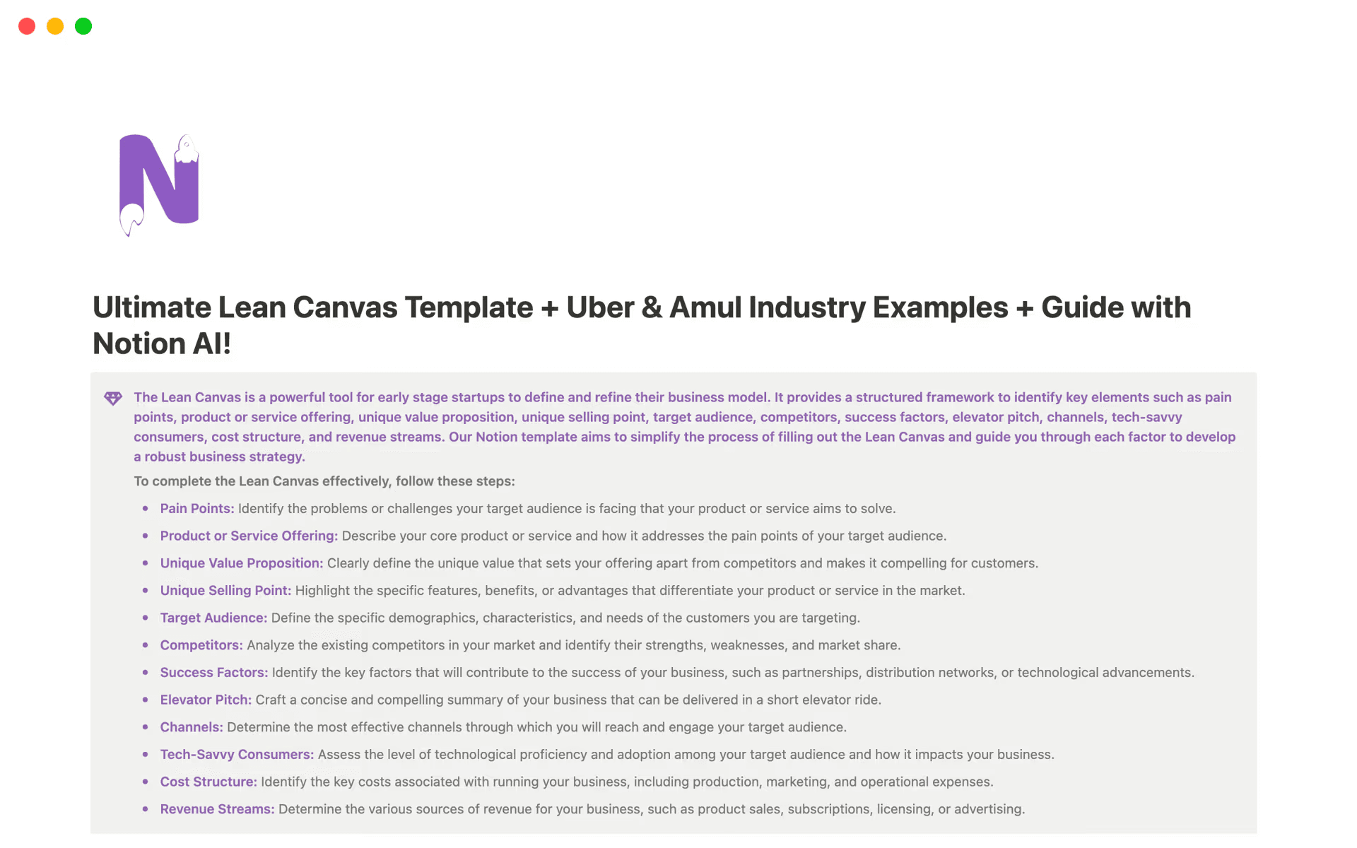 Notion’s lean canvas template
