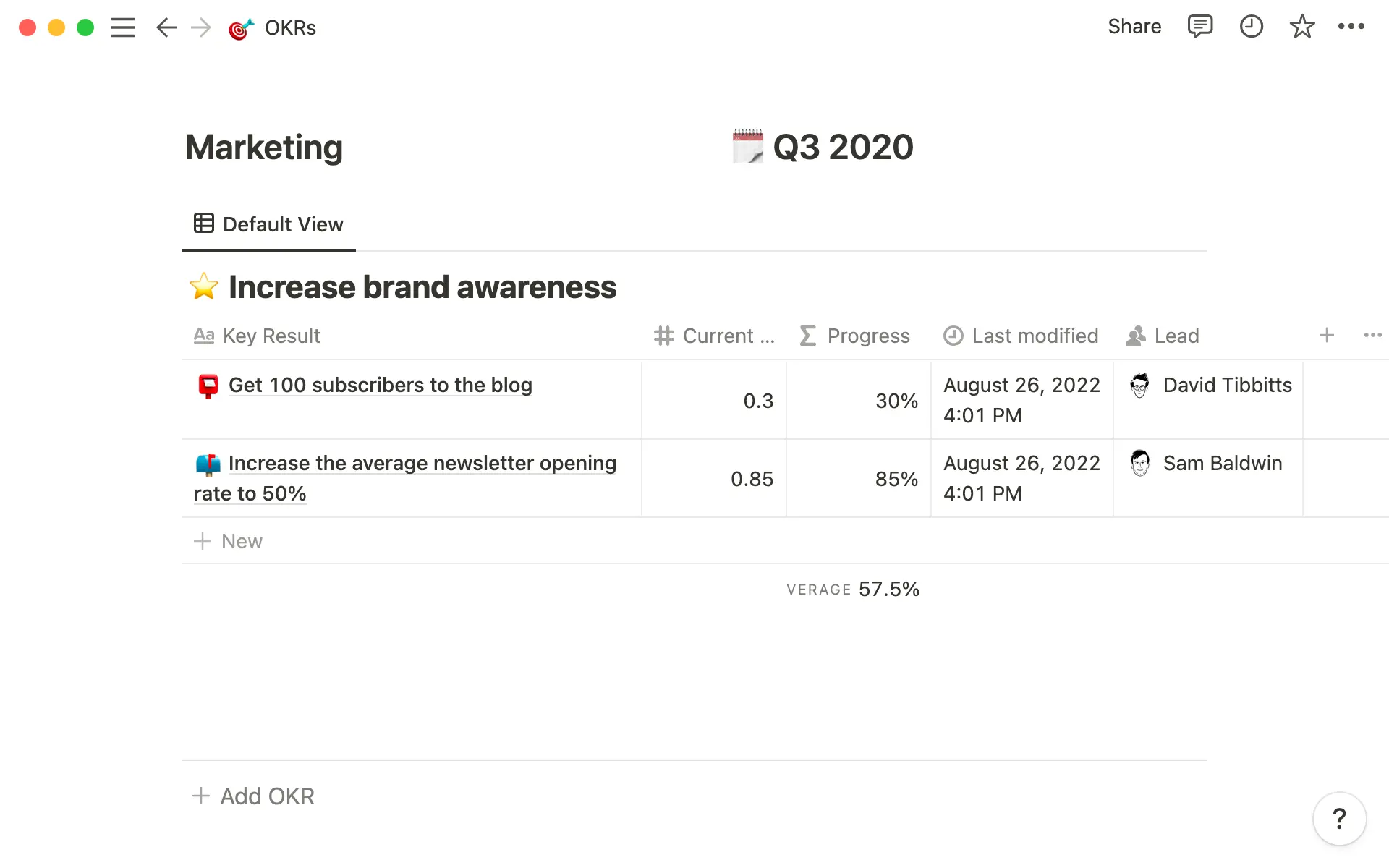 Marketing OKRs in their own table.