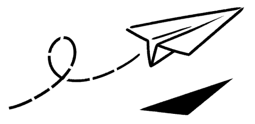 Ilustrasi garis hitam-putih bergaya minimalis menampilkan pesawat kertas yang terbang di udara.