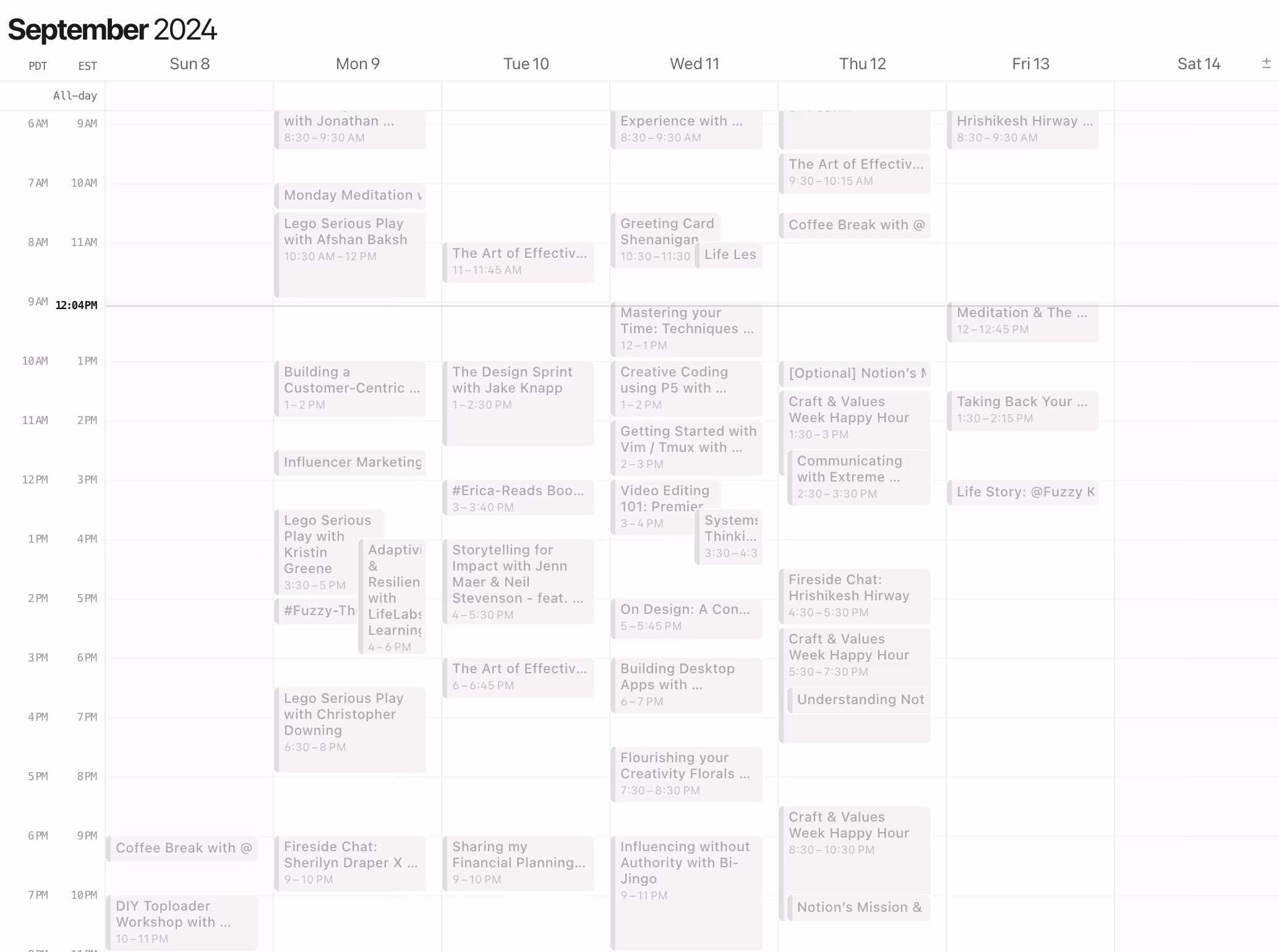 Notion Calendar view of Craft & Values Week