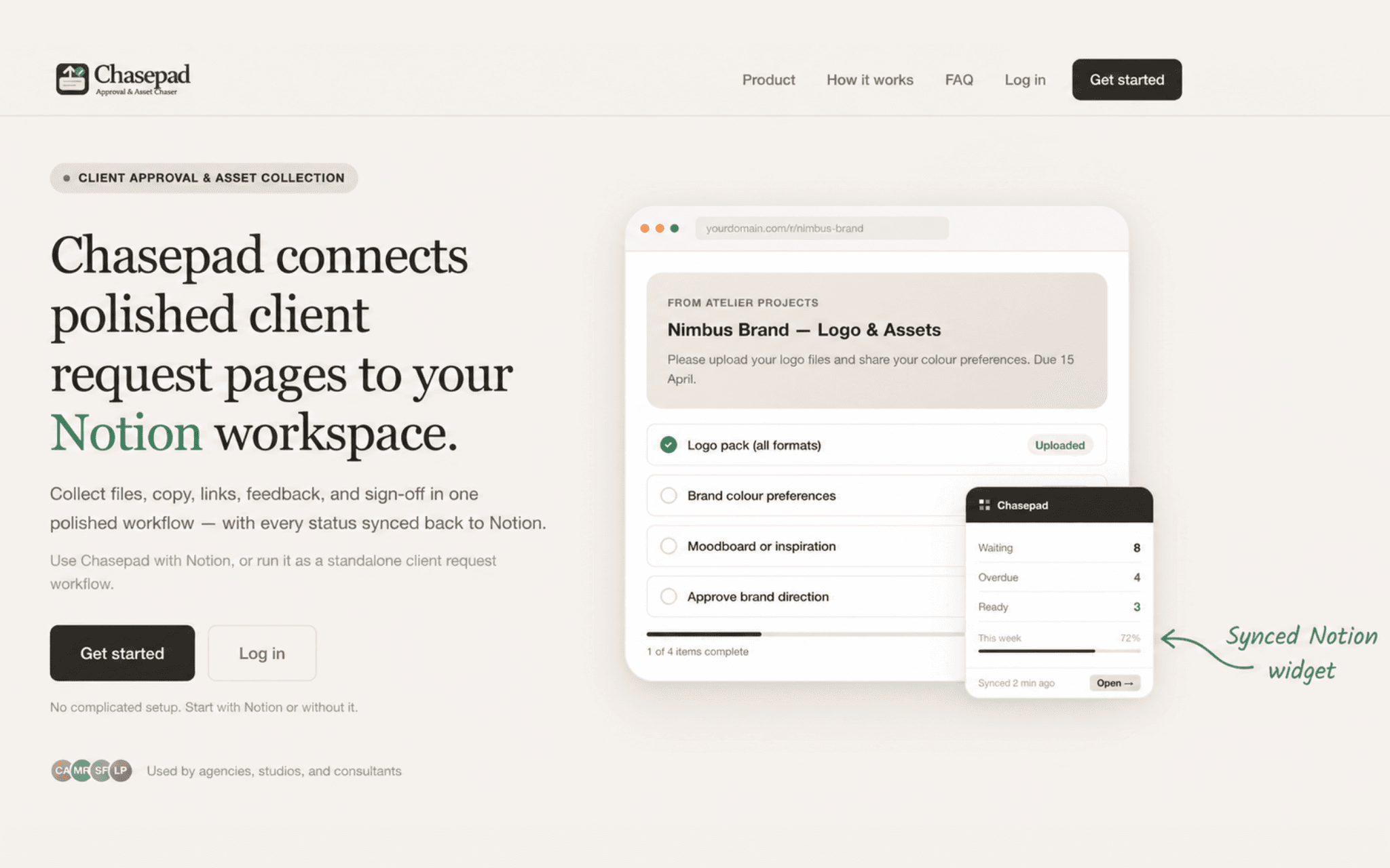 Collect files, approvals, and client responses in one polished workflow synced to Notion.