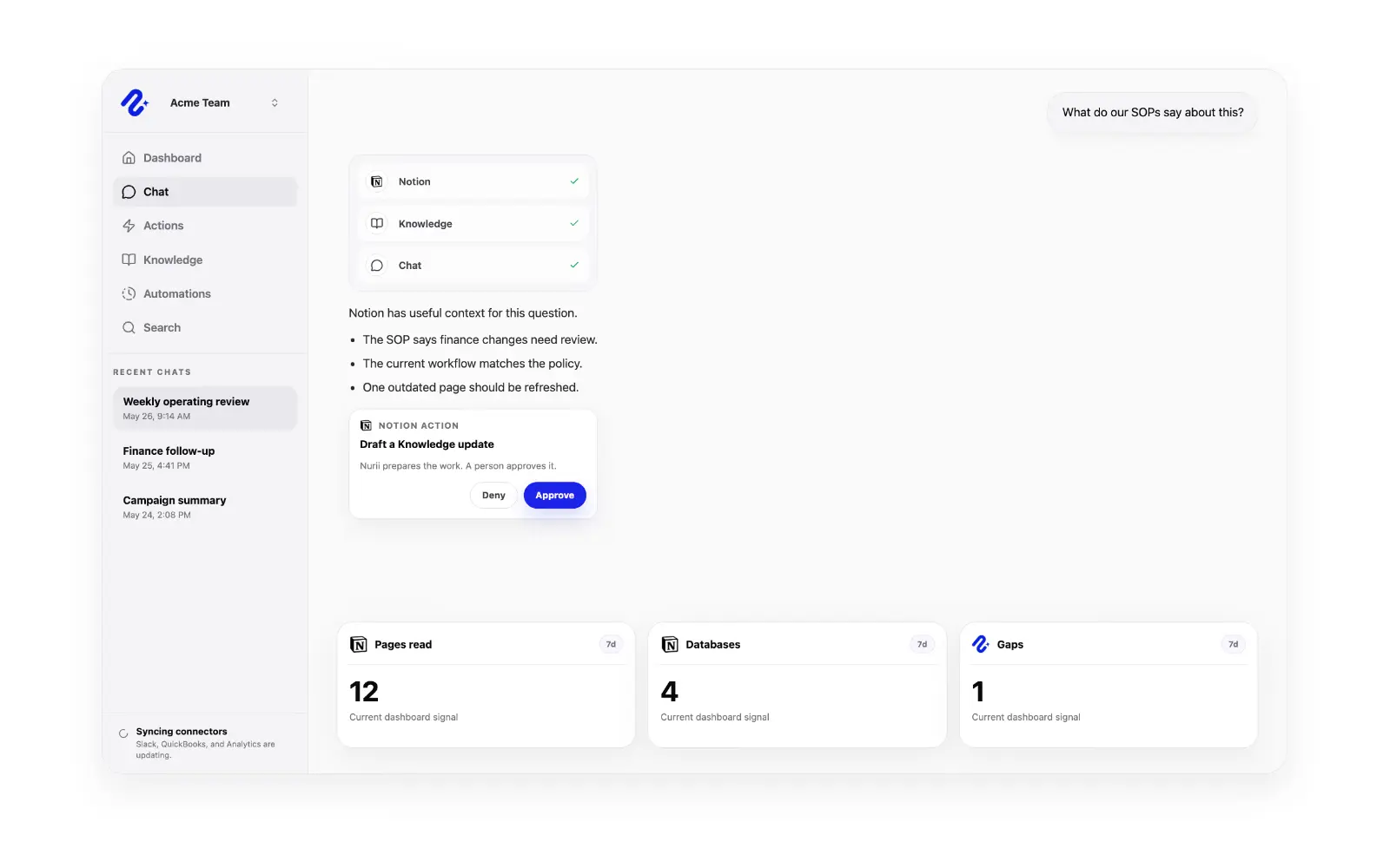 Connect Notion to Nurii so teams can ask across workspace knowledge, use pages and data sources in AI workflows, and prepare reviewed follow-up.