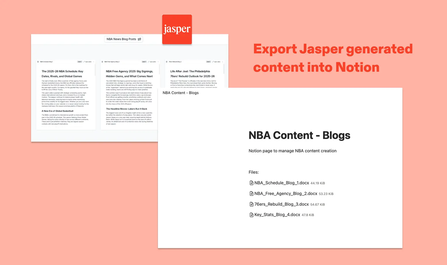 Easily export your Jasper assets directly to Notion, keeping your content workflow connected and your pages up to date.