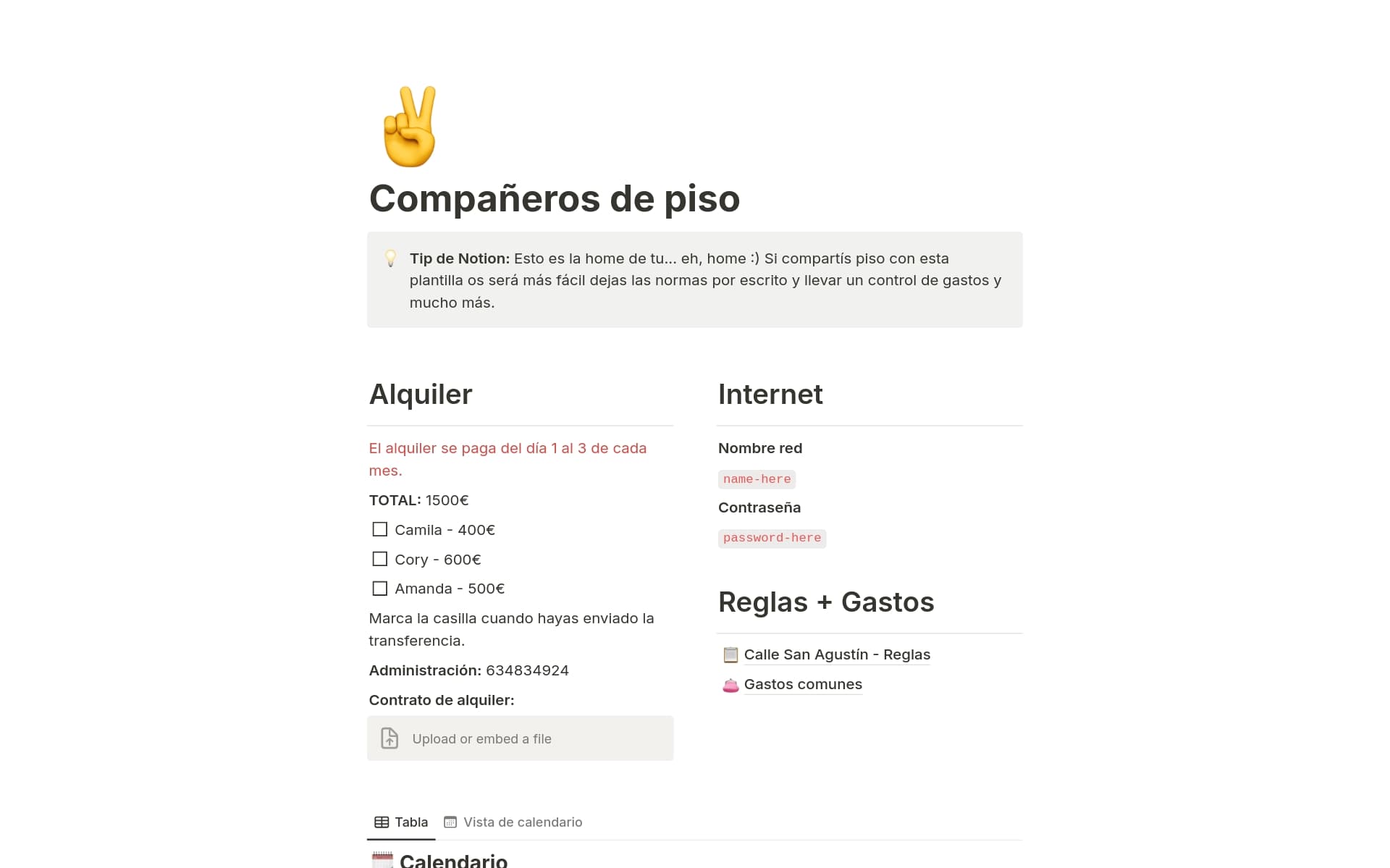 Captura de pantalla de la colección Tu rincón acogedor: gestiona tu piso compartido con Notion creada por Notion